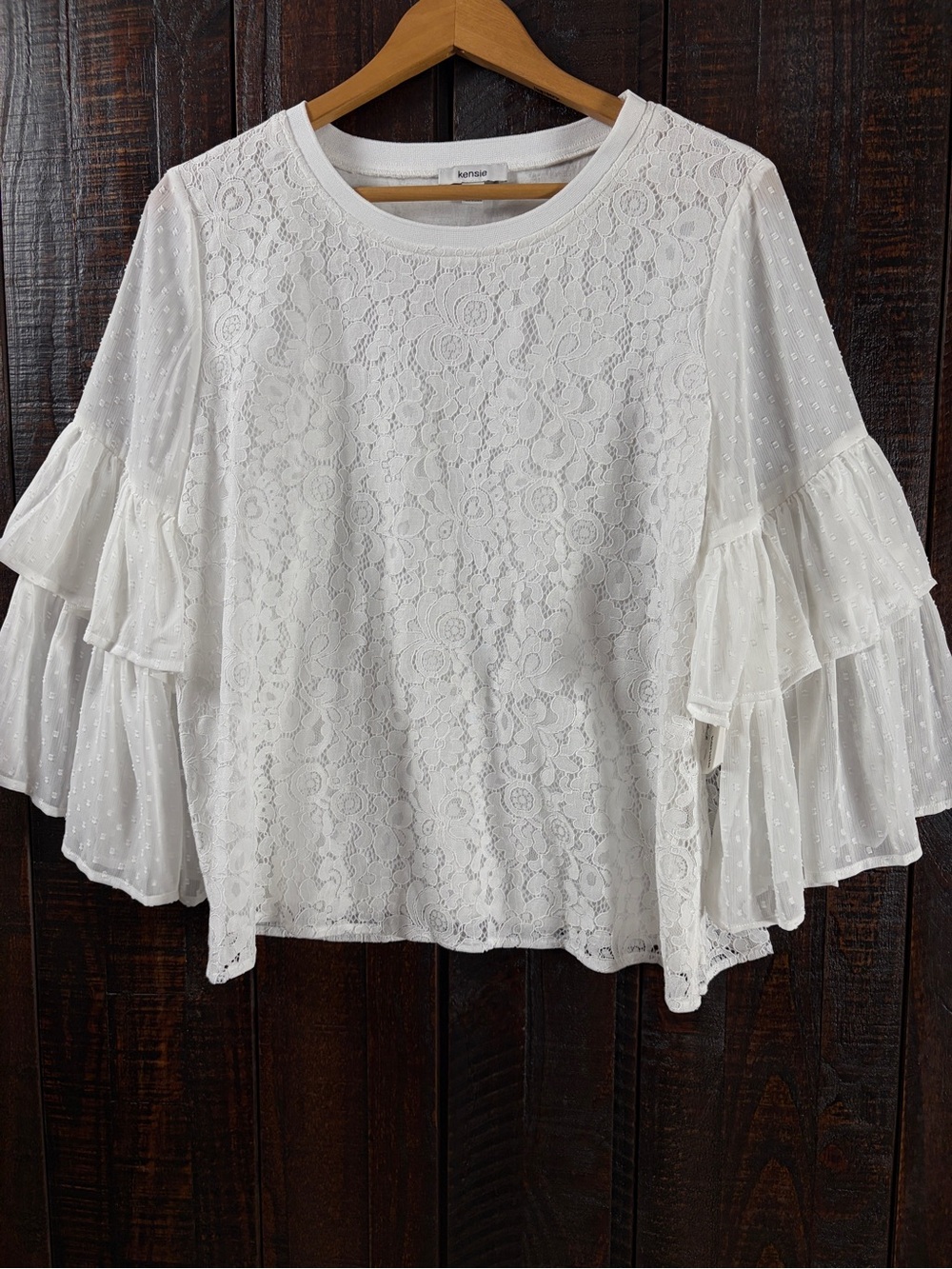 Kensie Romantic Boho White Lace Top Ruffled Sleeves Size Large - Picture 3 of 11